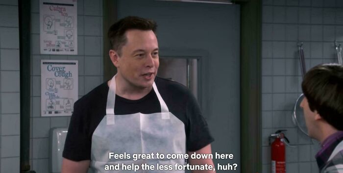 Elon Musk wearing apron in kitchen scene with caption about helping the less fortunate, a facepalm-worthy screenshot.