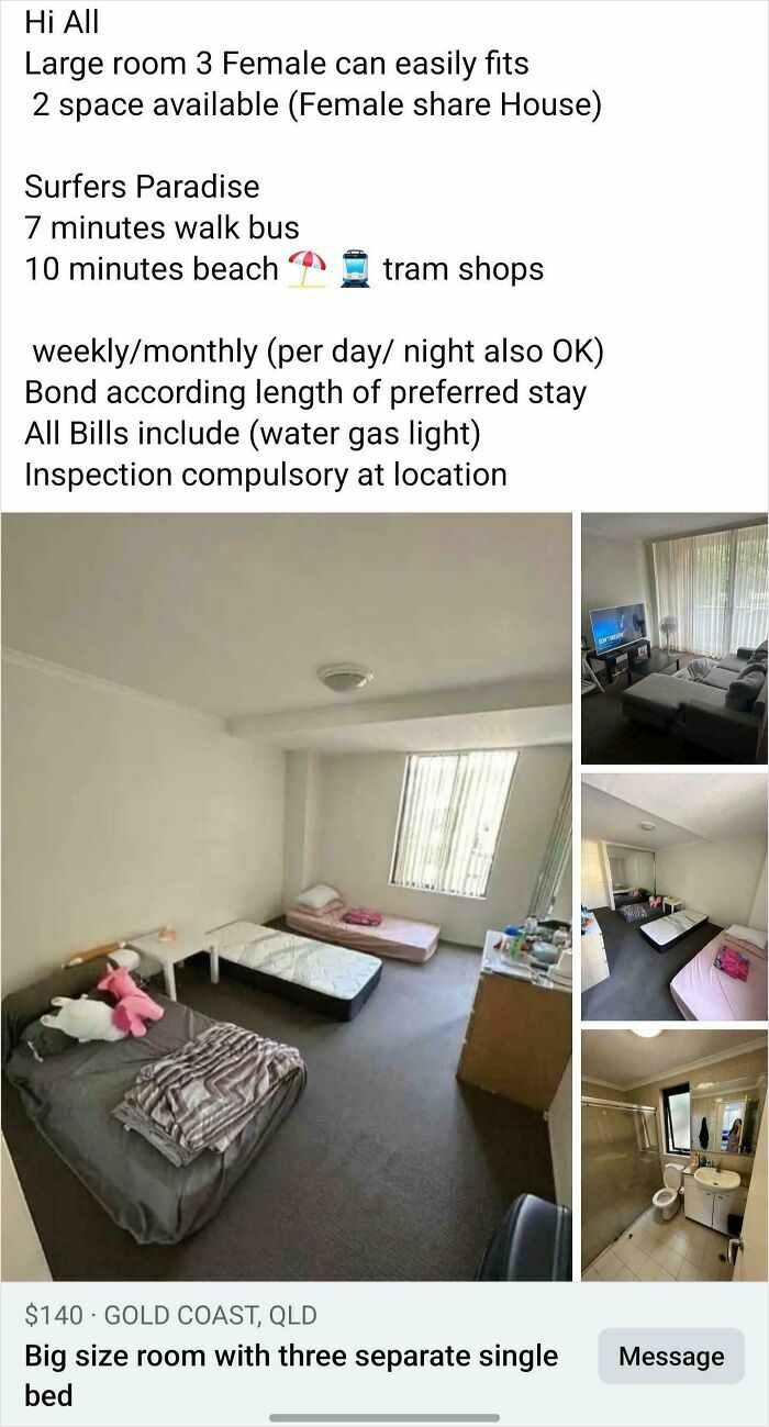 Room for rent with three single beds, simple furnishings, and basic amenities reflecting bad landlords in rental nightmares.