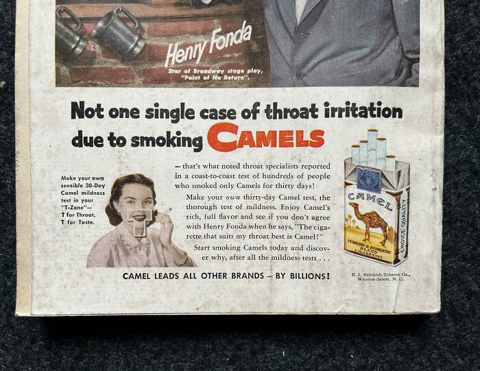 Vintage cigarette ad claiming no throat irritation from smoking Camels, showcasing a facepalm-worthy screenshot that aged poorly.