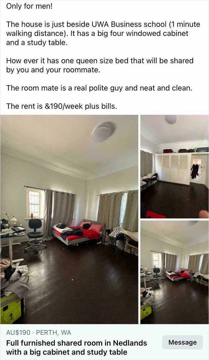 Spacious but cluttered shared room with queen bed and big cabinet, illustrating bad landlords and renting nightmares.