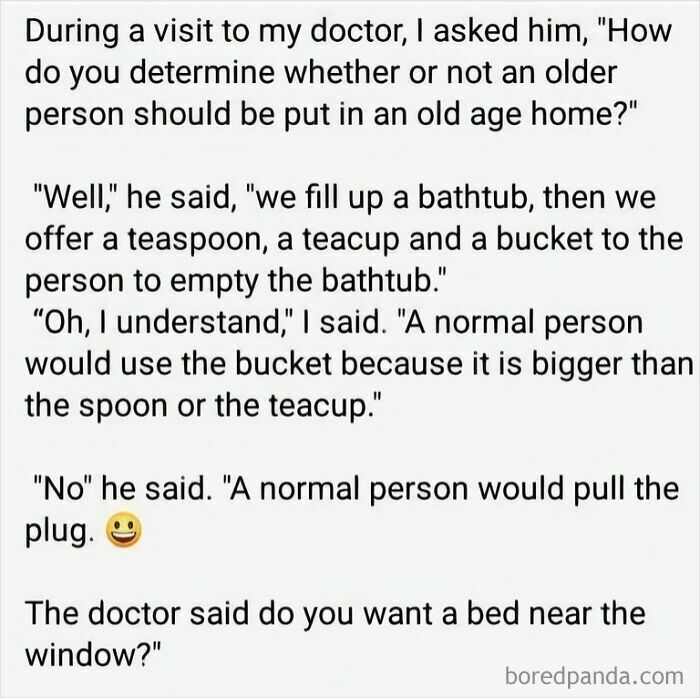 Funny dad humor joke about an old person, bathtub, and doctor’s witty advice in a silly conversation.