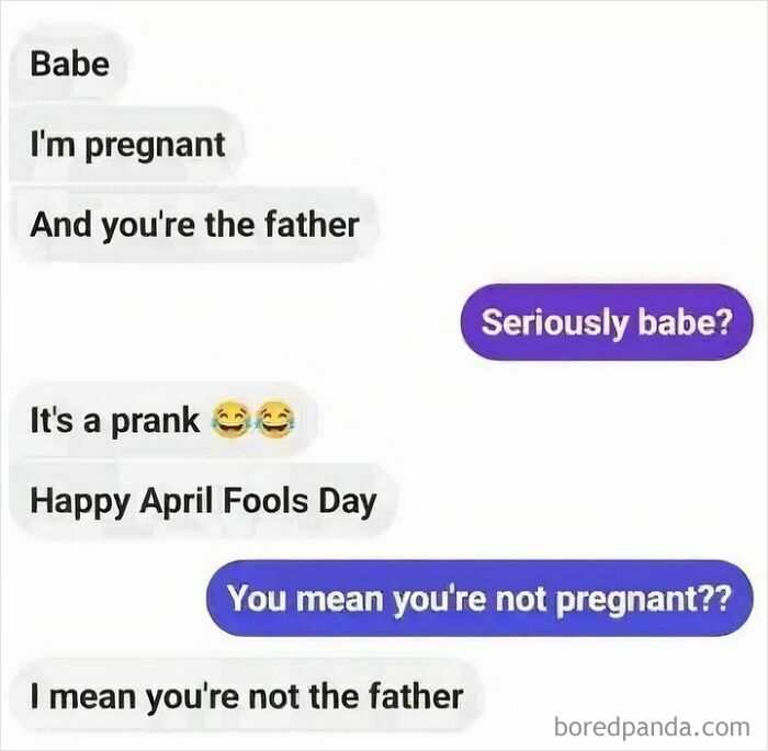 Text conversation prank about pregnancy and fatherhood, illustrating peak dad humor in a funny jokes and memes style.