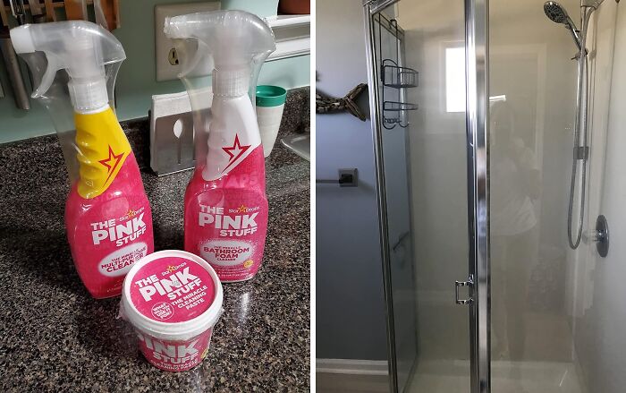 Cleaning products from The Pink Stuff on a kitchen counter next to a clear glass shower door after cleaning from TikTok finds.