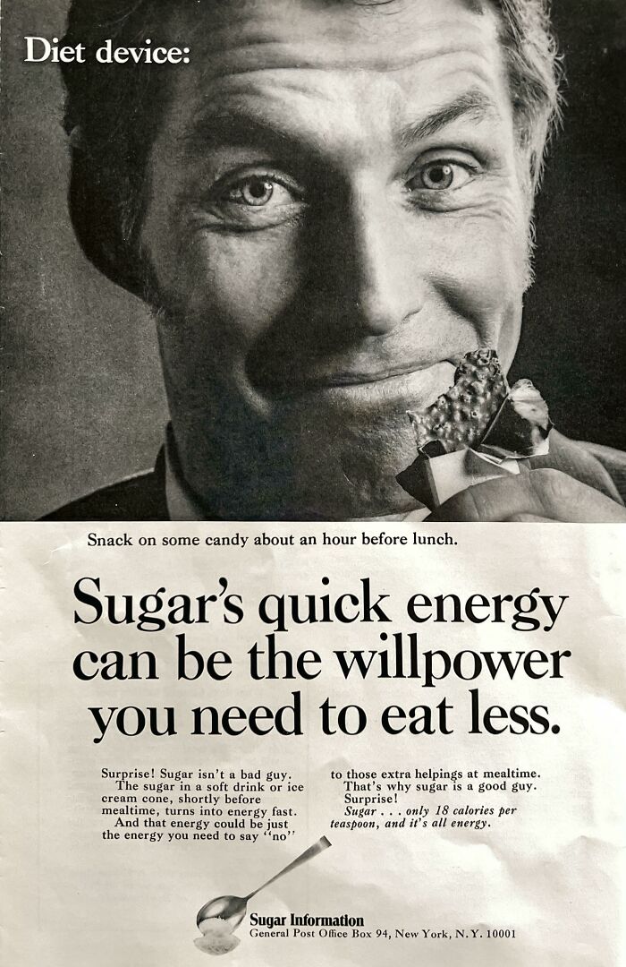 Black and white vintage ad claiming sugar's quick energy can boost willpower to eat less, a facepalm-worthy screenshot aged like milk