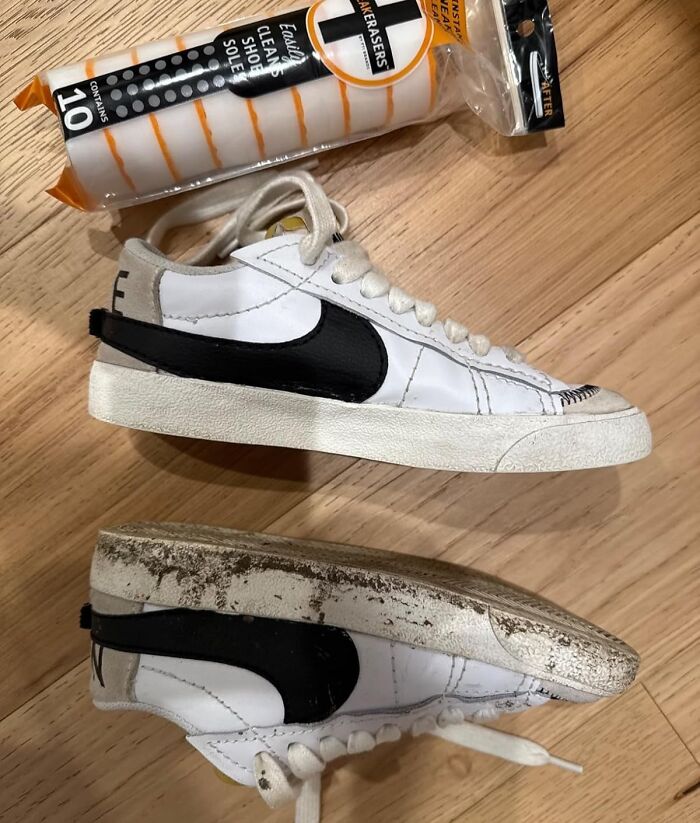 Pair of white and black sneakers shown before and after cleaning with easy shoe sole cleaner from TikTok finds.