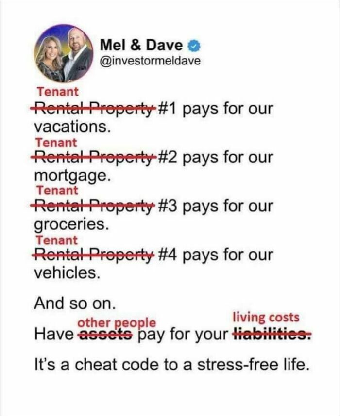 Mel and Dave Twitter post about tenants paying for vacations, mortgage, groceries, and vehicles, highlighting bad landlords.