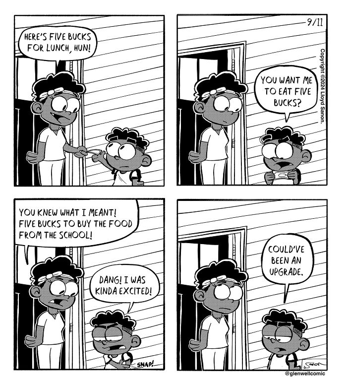 Black and white Glenwell comic strip showing a humorous conversation between a parent and child about lunch money.