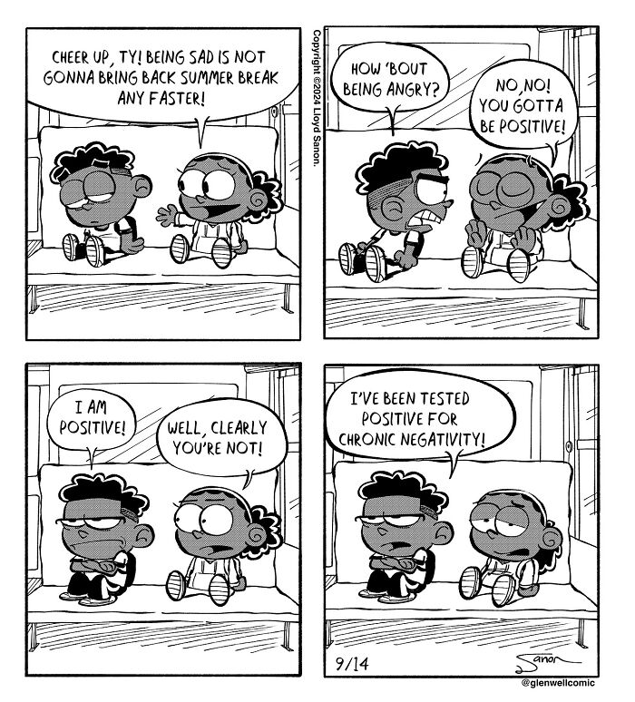 Black and white Glenwell comic strip featuring two characters discussing positivity and chronic negativity.