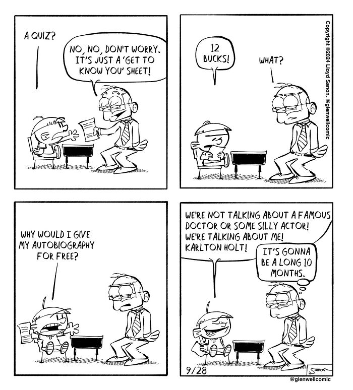 Comic strip from Glenwell by its artist, featuring humorous dialogue between two characters in a classroom setting.