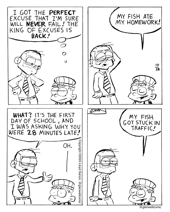 Comic strip from Glenwell featuring humorous excuses as the funniest and strangest town characters interact.
