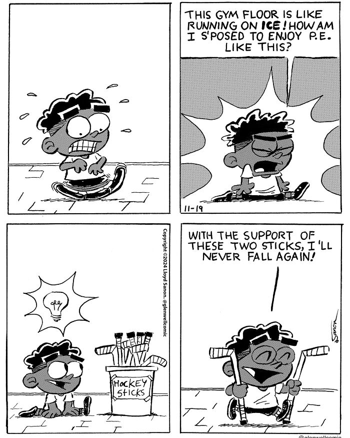 Comic strip from Glenwell showing a character struggling in gym, then using hockey sticks for support and smiling confidently.