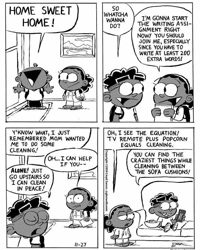 Black and white Glenwell comic strip showing two kids talking about cleaning and writing assignments at home.