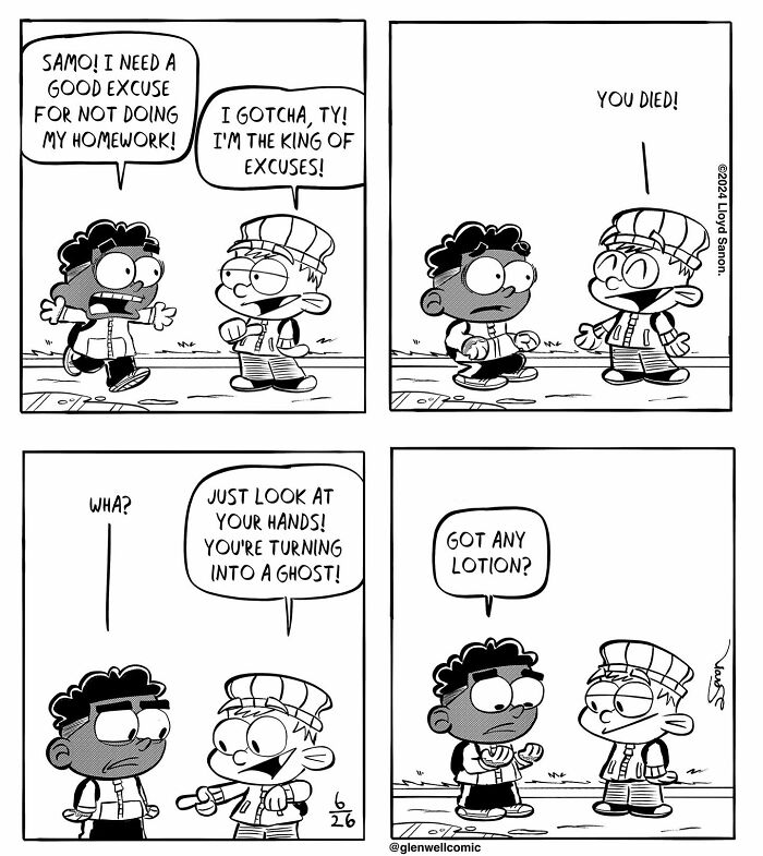 Black and white Glenwell comic strip featuring two kids with funny and strange dialogue in a small town setting.