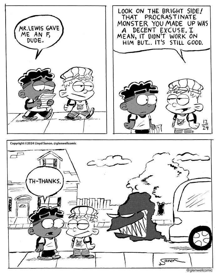 Two kids in a Glenwell comic strip discuss a failing grade with a humorous, strange monster in the background.