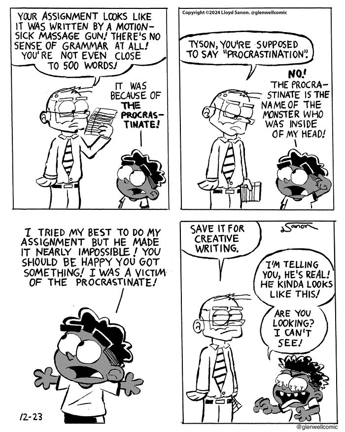 Black and white Glenwell comic strip showing characters discussing the procrastinate monster during a humorous school assignment.