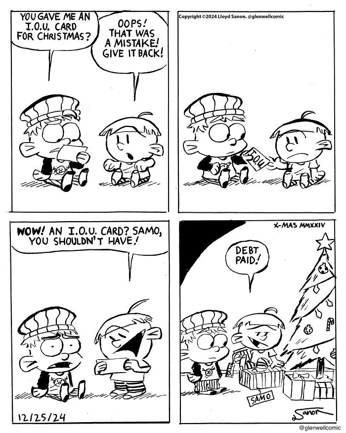 Comic strip by the artist behind Glenwell, showing two kids exchanging an IOU card on Christmas near a decorated tree.