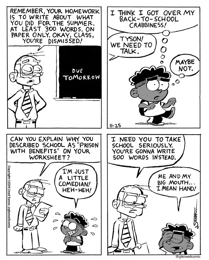 Black and white Glenwell comic strip featuring a teacher and student discussing school and homework in a humorous exchange.