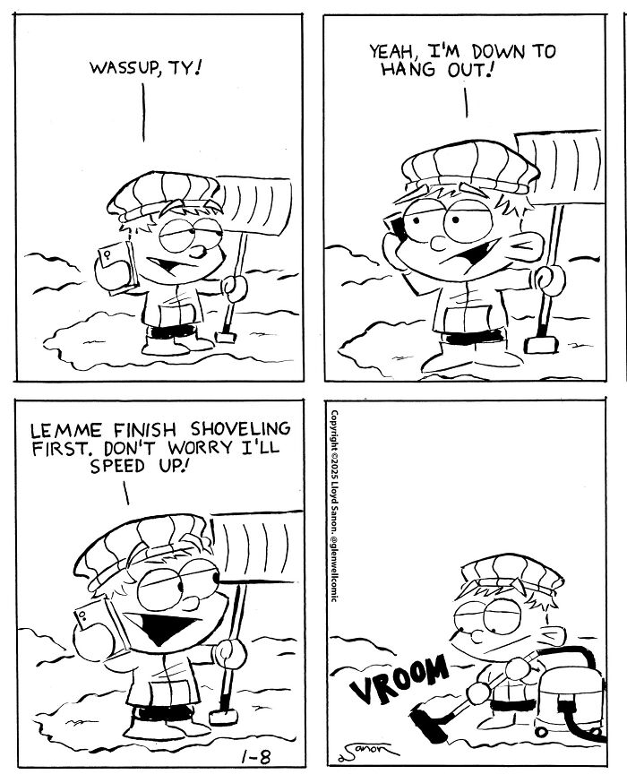 Black and white Glenwell comic strip featuring a character shoveling snow and using a snowblower in a funny town setting.