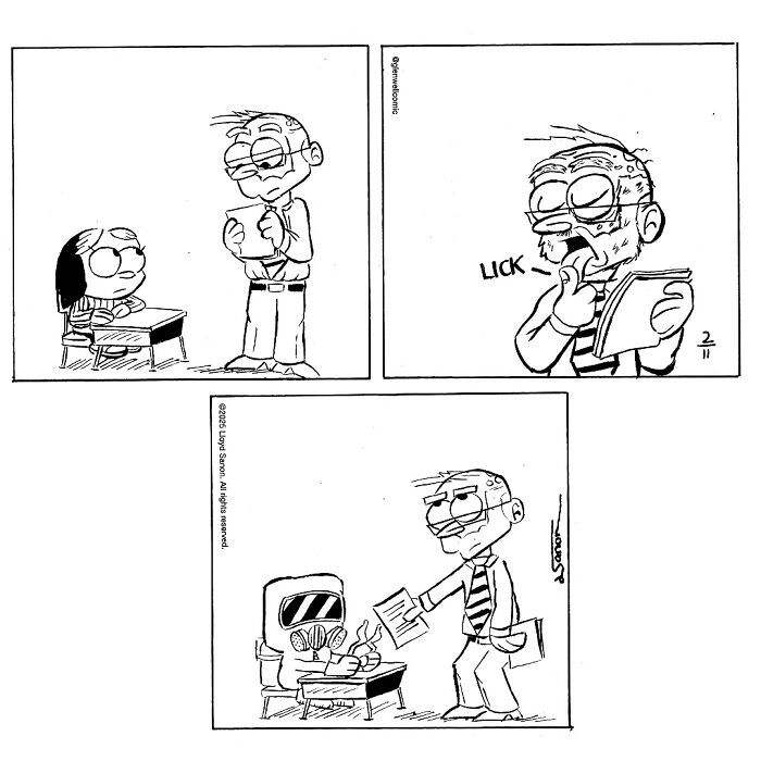 Black and white comic strip from Glenwell showing quirky characters in humorous and strange situations.