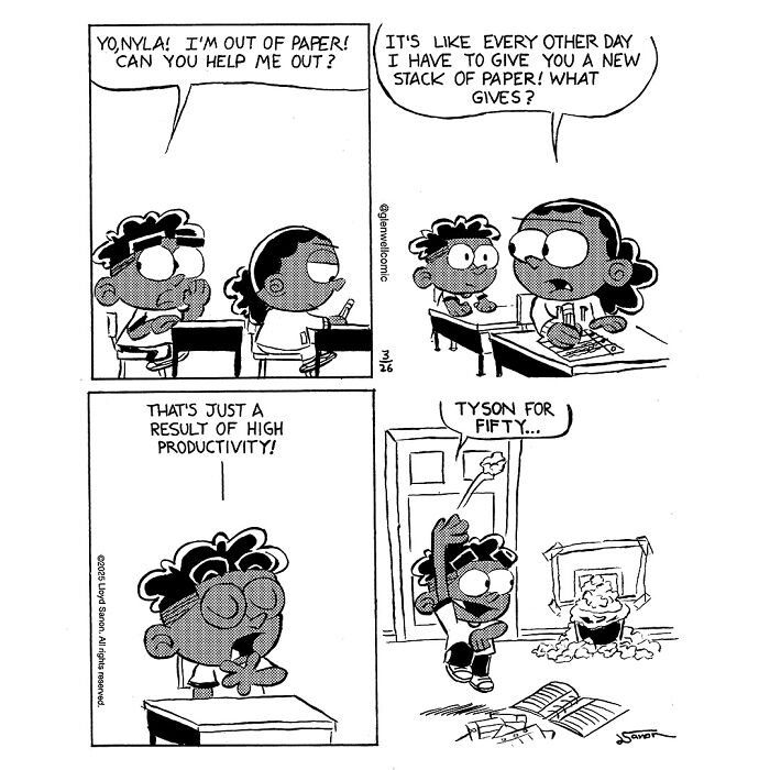 Black and white Glenwell comic strip showing two kids talking about paper usage and productivity in a classroom setting.