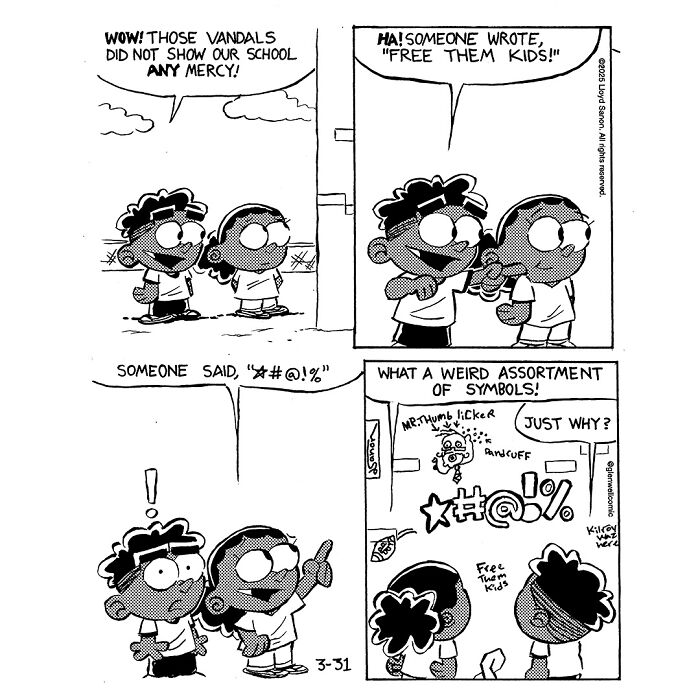 Black and white comic strip featuring two kids discussing school graffiti in Glenwell, highlighting the artist's unique style.