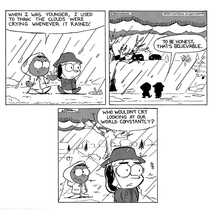 Black and white comic panels from Glenwell comic showing characters discussing rain and the world in a thoughtful, humorous way.