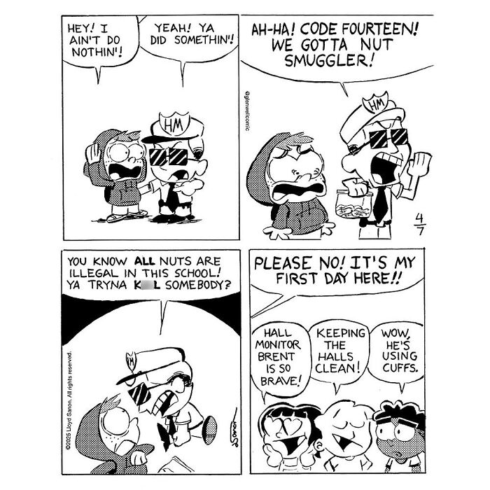 Comic strip from Glenwell depicting a hall monitor catching a nut smuggler in a humorous school scene.