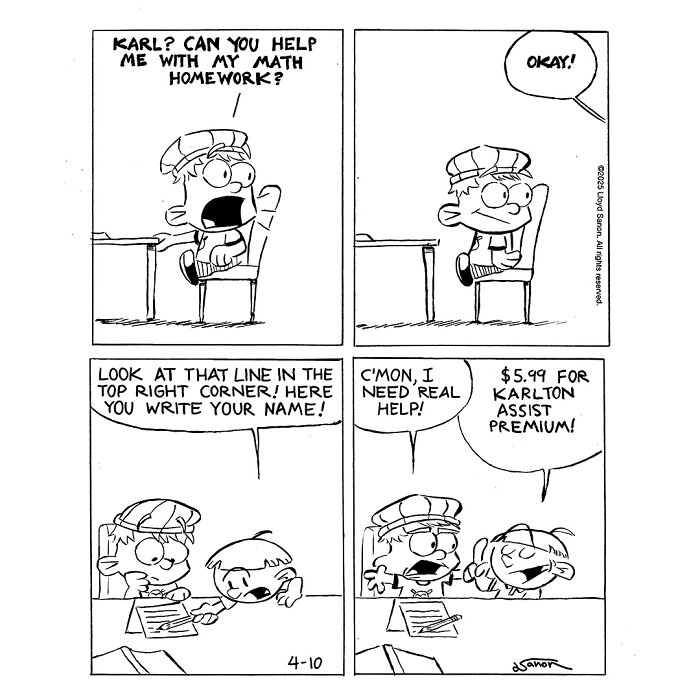 Comic strip from Glenwell showing two kids discussing math homework and a paid help option with humor.