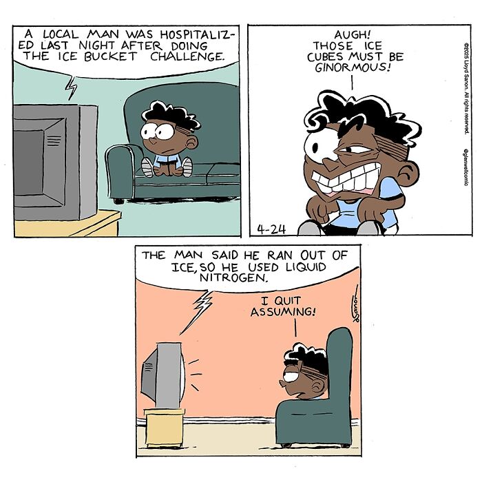 Comic strip from Glenwell showing a boy reacting to a news story with humor and surprise on a couch.