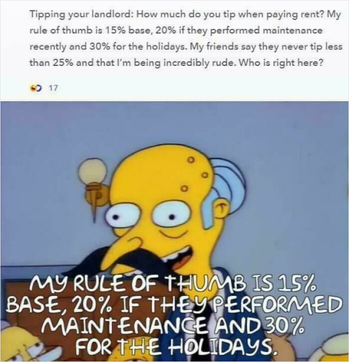 Cartoon landlord character explaining tipping rules for rent maintenance and holidays, highlighting bad landlord renting issues.