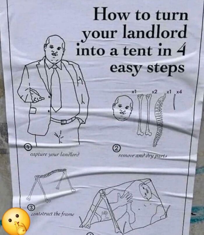 Illustration showing a humorous guide on bad landlords and renting frustrations in four steps with simple drawings.