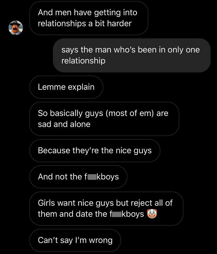 Text message exchange illustrating sexist attitudes from men about relationships, highlighting sexist men and toxic masculinity.