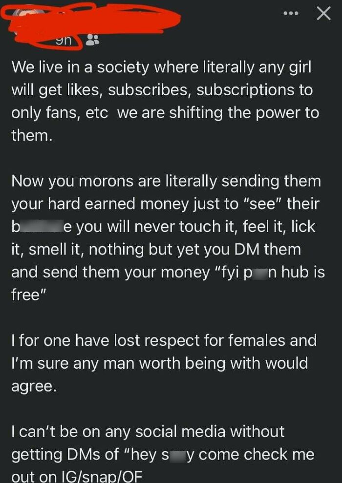 Screenshot of a sexist social media post illustrating toxic behavior by men regarding women and online interactions.