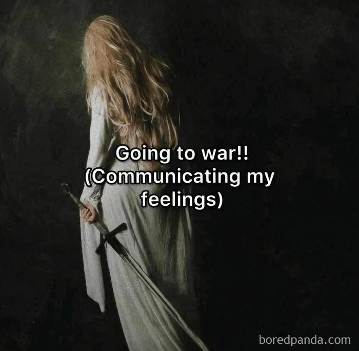 Woman in white dress holding a sword symbolizing the struggle of communicating feelings in funny mental breakdown pics
