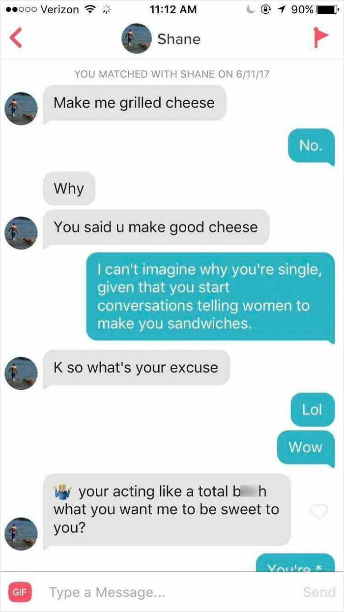 Text conversation showing sexist behavior from a man demanding grilled cheese and blaming the woman for his attitude.