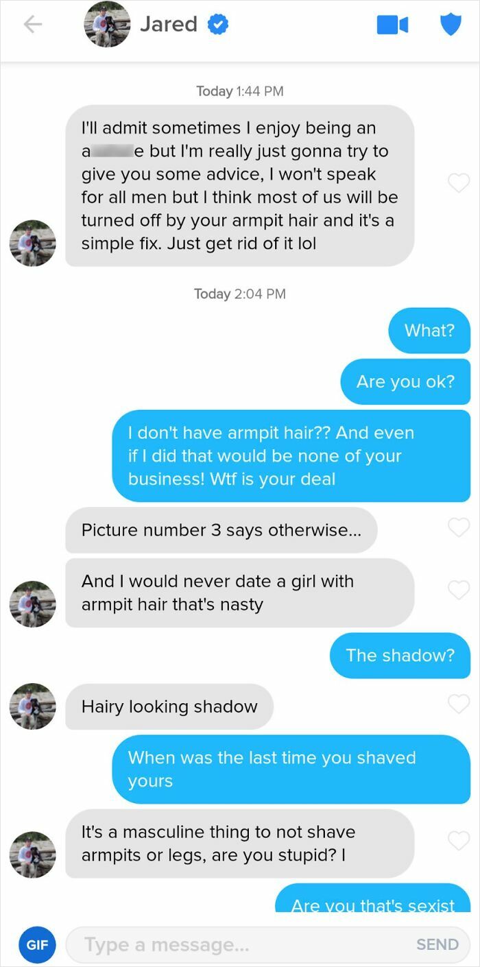 Screenshot of a sexist chat conversation where a man criticizes a woman about her armpit hair and enforces gender stereotypes.