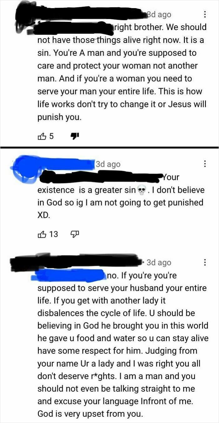 Screenshot of sexist online comments by men expressing control over women and demanding obedience with religious justification.