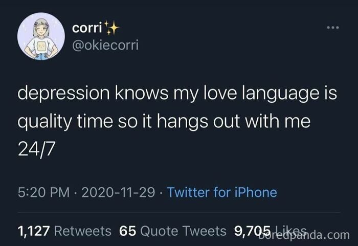 Tweet about depression and quality time, featured in a collection of funny pics for mental breakdown moments.