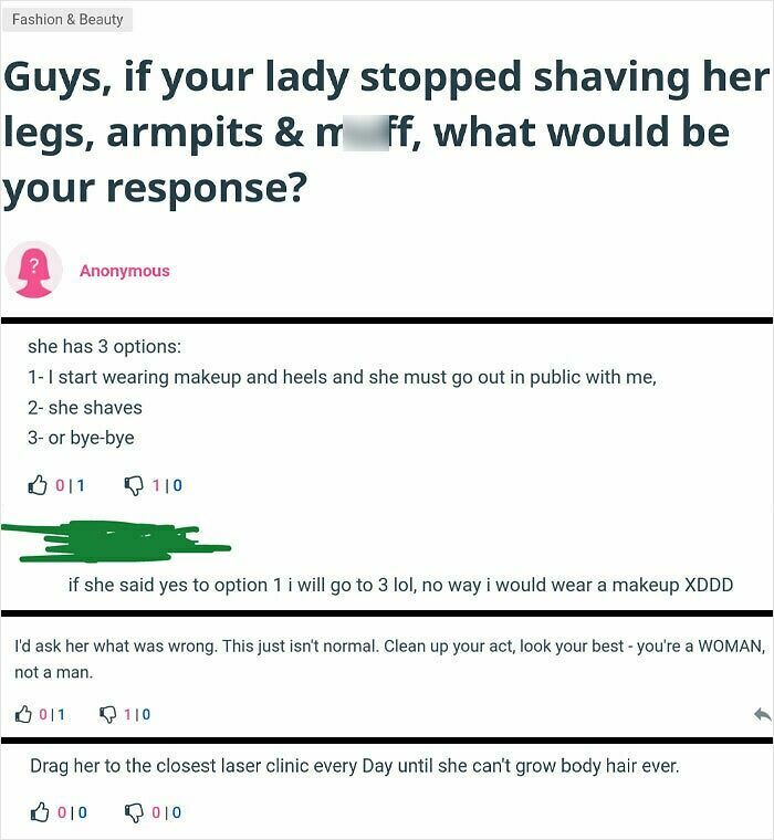 Sexist online comments demanding women shave body hair with sexist men expressing controlling responses.