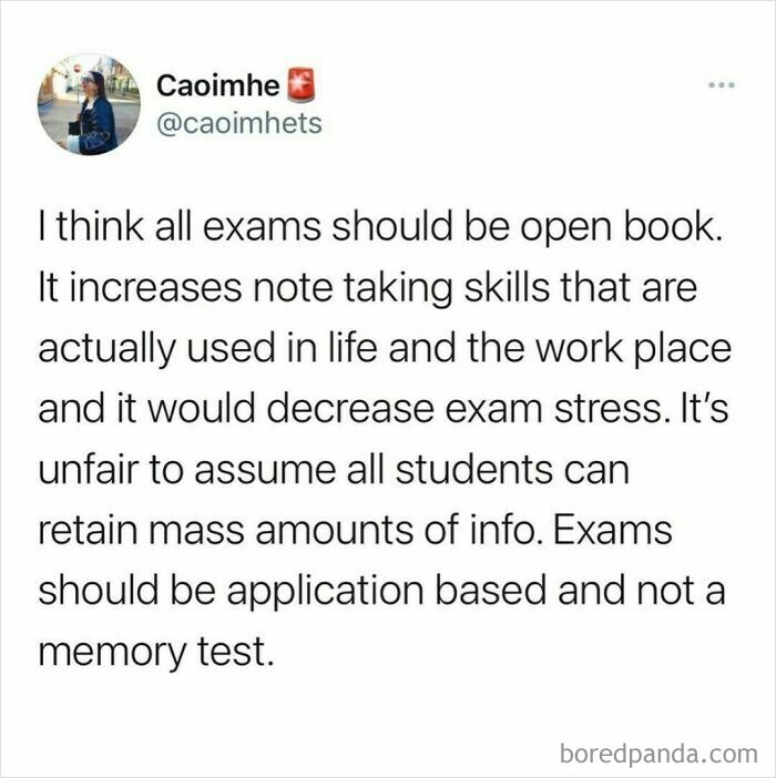Tweet about exams suggesting open book format to reduce stress and improve practical note taking, related to shower feels content.