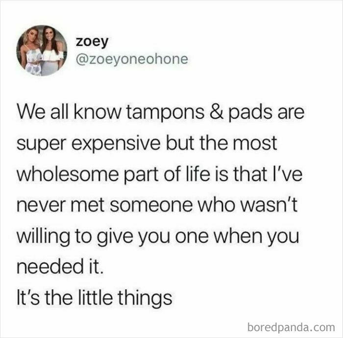 Social media post about tampons and pads highlighting the wholesome and relatable shower feels of kindness.
