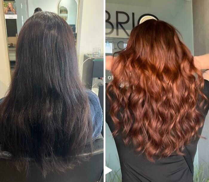 Before and after gorgeous hair transformations showing dark straight hair changed to long wavy reddish hair in a salon setting.