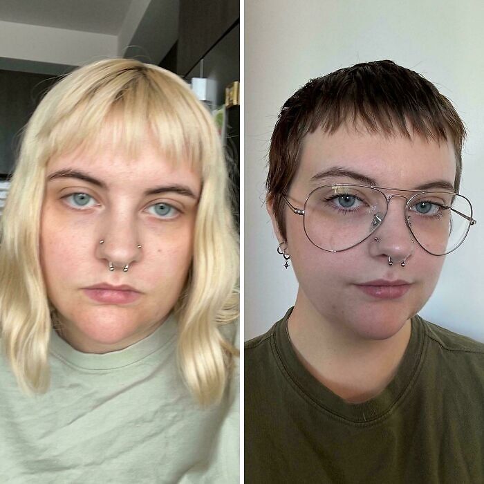 Side-by-side photo showing a person's gorgeous hair transformation from blonde medium waves to short brown hair with glasses.