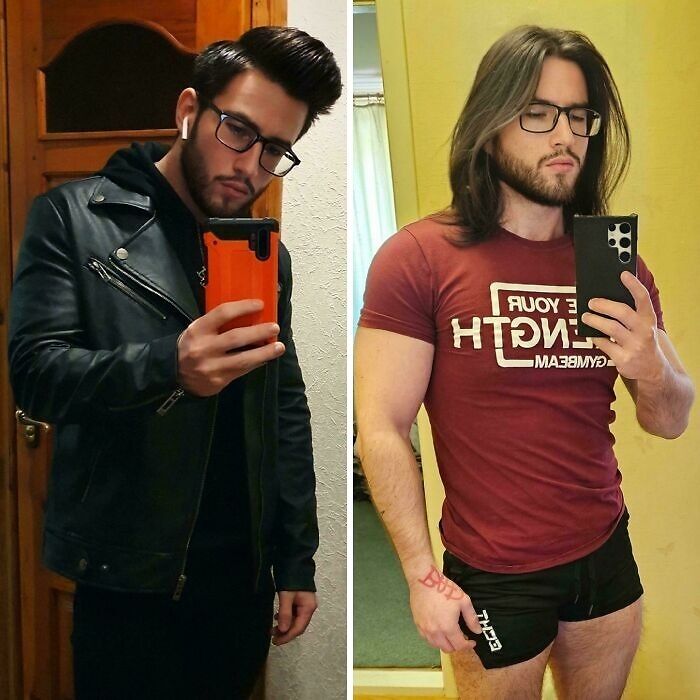 Before and after hair transformation of a man showing a shift from short styled hair to long flowing hair in mirror selfies.
