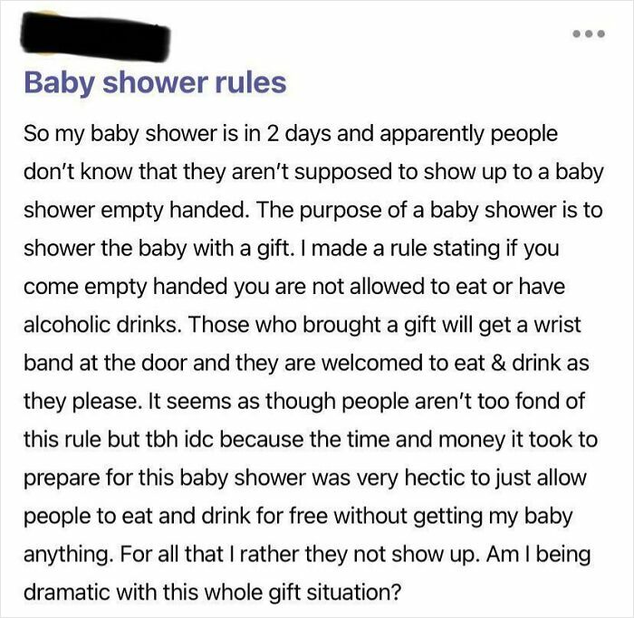 Screenshot of a baby shower rule post showing entitled parent demanding gifts to allow food and drinks at the event.