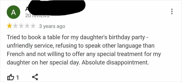 Screenshot of an entitled parent’s one-star review complaining about service and special treatment for a birthday party.