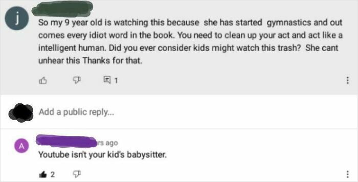 Screenshot of an online exchange exposing entitled parents criticizing kids’ content on YouTube.