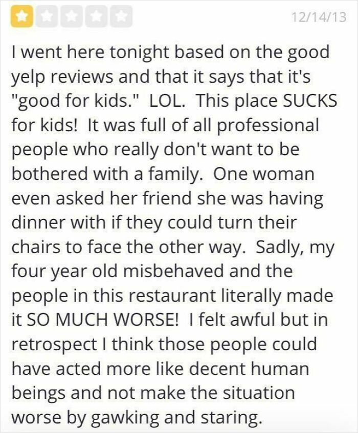 Yelp review reveals entitled parents' complaints about restaurants not being accommodating for kids and families.