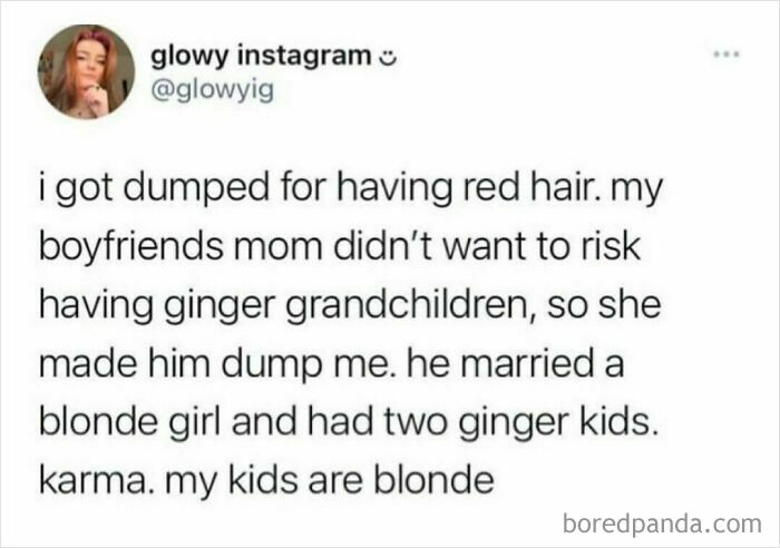 Social media post sharing relatable shower feels about relationship drama involving red hair and unexpected karma.