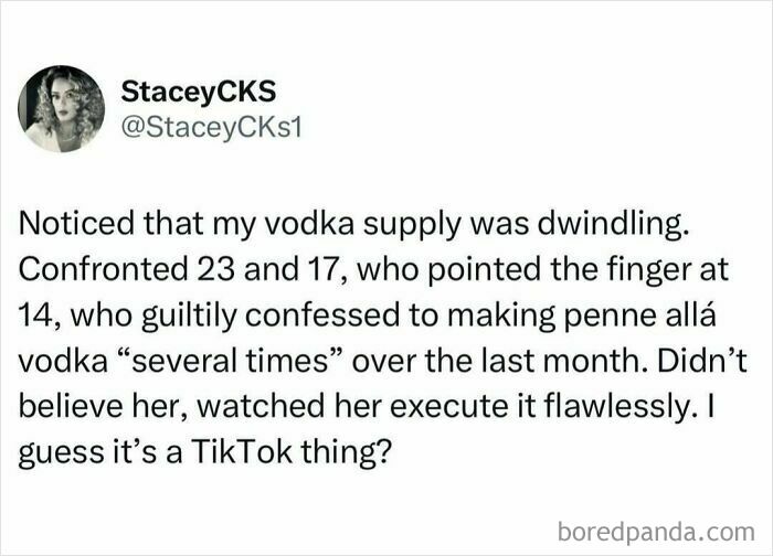 Social media post humorously describing dwindling vodka supply and making penne alla vodka, relatable shower feels content.